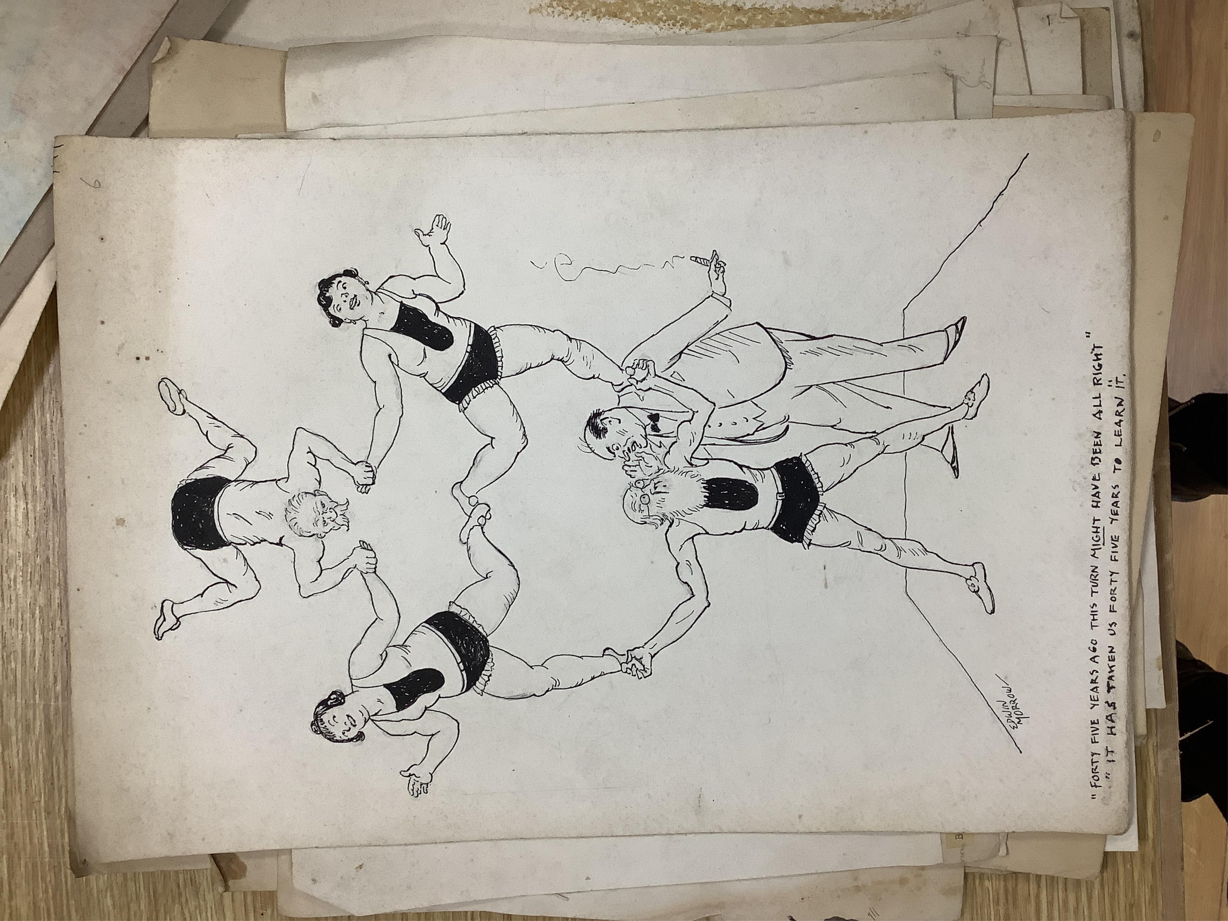 A folio of cartoons, caricatures, cartoons and opera house designs, mostly by Edwin Morrow (Irish) and Norman Morrow, to include 'Caution Weir here', 'The Sublime Good Deed' and 'Bluff at the Garrick', with a collection